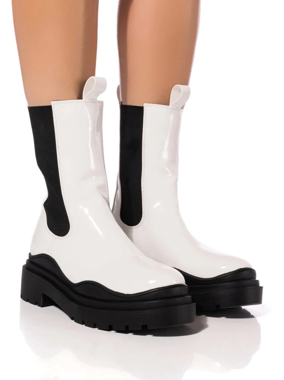 Azalea Wang Ghosted White & Black Patent Chelsea Platform Boots| Size 5